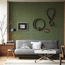 Sage Green Brick Wall And A Grey Sofa Brick Interior Painted Brick Walls Living Room Decor Gray