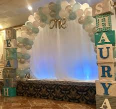 1st Birthday Balloon Decoration Ideas For Boy Large Balloon Arch With Letter Boxes Baby Blue Silver And White Birthday Pa Birthday Balloon Decorations 16th Birthday Decorations 1st Birthday Centerpieces