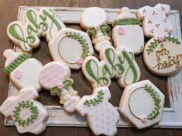 Greenery With Pink Stenciling Baby Shower Cookies One Dozen Etsy Baby Shower Cookies Baby Cookies Baby Girl Cookies