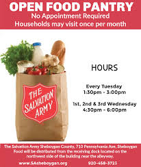 Before visiting any food pantry, please contact them via the phone number provided to request and confirm their address and hours of operation. Cure Hunger Sheboygan Salvation Army