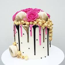 Black And Gold Drip Cake With Flowers Black Gold And Hot Pink Drip Cake Pink Birthday Cakes Hot Pink Cakes Birthday Cake Decorating