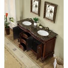 This double vanity set is crafted of solid birch wood, with a carrara white marble top, and two undermount ceramic sinks. Stufurhome 60 In Saturn Double Sink Vanity In Dark Cherry With Granite Vanity Top In Baltic Brown With White Basin Gm 3323 60 Bb The Home Depot Double Vanity Bathroom Double Sink Vanity Vanity