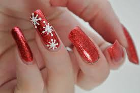 red glitter white snowflakes nail