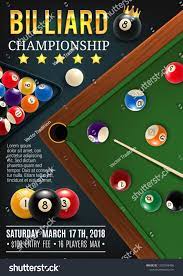 Pool Billiards Sport Championship Announcement Poster Color Balls With Numbers On Green Table Hole And Cue Vector Billiards To Billiards Poster Announcement