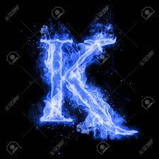 Fire Letter K Of Burning Blue Flame Flaming Burn Font Or Bonfire Alphabet Text With Sizzling Smoke And Fiery Or Blazing Shining Heat Effect Incandescent Cold Fire Glow On Black Background Stock