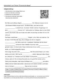 Arbeitsblatt Mit Luckentext Zum Thema Chinesische Mauer Arbeitsblatter Arbeit Aufgabenstellung