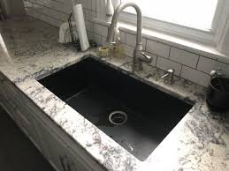 Black And White Granite Countertops Black Under Mount Sink White Granite White Subway Tlies Farmhouse Sink Kitchen White Granite Black Kitchen Sink