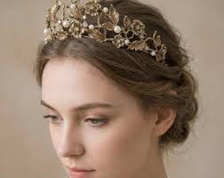 The MARGOT Gold Leaf Crown Tiara Headpiece Floral Flowers Shell Pearl Vine 