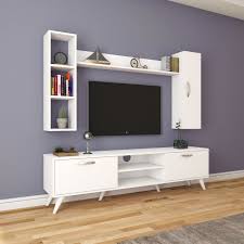 Rani A9 Duvar Rafli Kitaplikli Tv Unitesi Duvara Monte Dolapli Modern Ayakli Tv Sehpasi Beyaz M9 Mobilya Tv Unitesi Modern