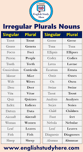 70 Irregular Plurals Nouns In English Singular Plural Trout Trout Genus Genera Focus Foci Person People Tooth Teeth Curriculu Plurals Nouns Irregular Plurals