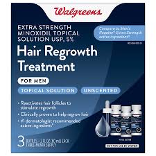 Kirkland minoxidil 5% topical solution extra strength hair regrowth treatment for men dropper applicator included (1 month to 24 month supplies available) (9 month supply) 3,800 $39 05 ($2.17/fl oz) Walgreens Extra Strength Minoxidil Topical Solution 5 Hair Regrowth Treatment Walgreens
