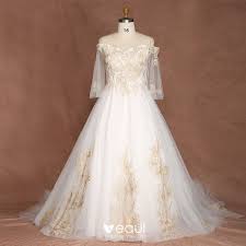 Aktuelle mode für jeden anlass. Schone Gold Weiss Ubergrosse Brautkleider Hochzeitskleider 2019 A Linie Spitze Tulle Applikationen Ruckenfreies Stickerei Handgefertigt Bandeau