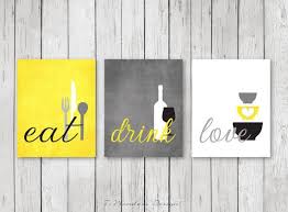 Kitchen Wall Art Print Set Eat Drink Love Yellow Grey Etsy Kitchen Decor Modern Kitchen Decor Yellow Walls Kitchen Decor Sets