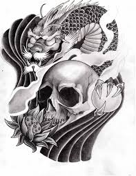 The literal translation of tebori is to carve by hand. Black And Grey Japanese Dragon With Skull Tattoo Design