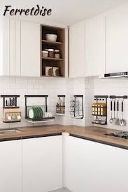 Kitchen wall art print set, eat drink love, utensils wine bowls, navy blue gray tan cream, set of (3) fine art paper prints or canvas wraps. Drill Free Kitchen Shelves For Easy Organization Drill Easy Free Kitchen Design Small Kitchen Furniture Design Kitchen Interior