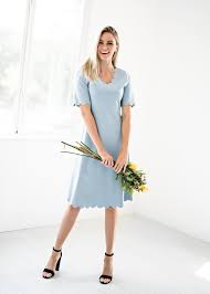 Scalloped Midi Dress In Baby Blue Modest Dress Modest Light Blue Dress Little Details Fall Max Dusty Blue Bridesmaid Dresses Dresses Midi Dress With Sleeves