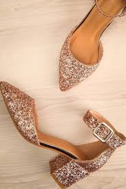 Rose Gold Glitter Low Block Heel Shoes With Ankle Strap And Pointed Toe Talons Bas Et Bloc En Brill Trendy Block Heels Gold Wedding Shoes Low Heel Prom Shoes