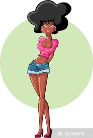 Fotobehang Mooie cartoon zwarte vrouw, gekleed in korte broek ...