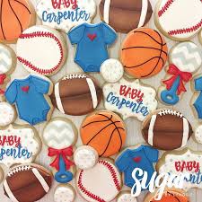 Sports Themed Baby Shower Customcookies Decoratedcookies Fortworth Dfw Dallas Sports Baby Shower Theme Sports Baby Shower Baby Shower Gifts For Boys