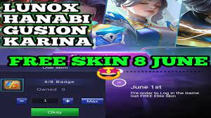 Euphemia (guinevere summer skin collaboration). Win Free Skin Lunox Hanabi Karina Or Gusion 1 8 June Exchange Event Mobile Legend Youtube