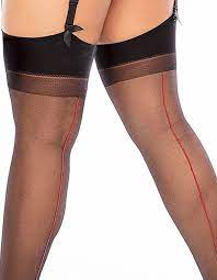 Des bas noirs avec jarretières opaques et effet couture. Bas Noirs A Couture Rouge
