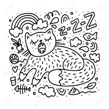 This saves time and supports the artist who created this work. Cute Cat Sleep With Snoring Sweet Dreams Arond It Doodle Vector Illustration For Print Coloring Page Book Poster Shirt Tee Kids Menu Child Cloth Royalty Free Cliparts Vectors And Stock Illustration Image