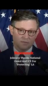 House Speaker Mike Johnson applauded National Guard troops and ICE agents  in Los Angeles. Johnson lauded the promises to bolster ICE with the "big,  beautiful bill," slamming Democrats and protesters ...