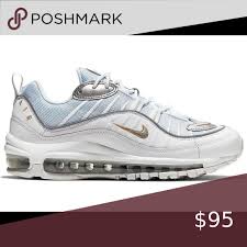 Nike Air Max 98 White Silver Gold In 2020 Nike Air Max Nike Training Shoes Nike Air