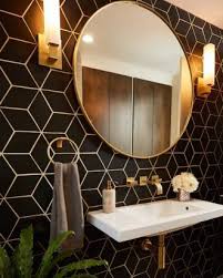 Black And Gold Tiles Bathroom Black Geometric Bathroom Tile With Gold Accents Three Ways With Tile California Home Des Geometric Tiles Bathroom Bathroom Interior Round Mirror Bathroom