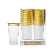 Using efficient technologies, we bring a higher level of production to your current budget for any event. Clear Gold Trimmed Premium Plastic Cups 16ct Party City