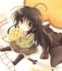 1girl O Ahoge Black Hair Black Legwear Blush Bow Bread Brown Eyes Shakugan No Shana Anime Anime Chibi