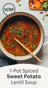 1 Pot Spiced Sweet Potato Lentil Soup Minimalist Baker Recipes Recipe Sweet Potato Lentil Soup Sweet Potato Lentil Lentil Potato Soup