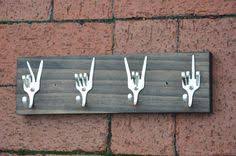 Peace X Love X Rock On X Fork U Key Rack 12 Inches Long Recycled Silverware Hand Gestures Vintage Handmade Solid Wood Recycled Silverware Key Rack Silverware Crafts