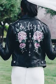 13 Ways To Wear A Leather Jacket On Your Wedding Day Biker Wedding Bride Jacket Painted Leather Jacket