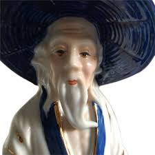 Vintage Japanese Porcelain Figure Blue White Gold Pipe Leaf Fan Sitting