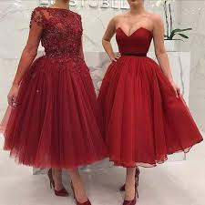 Short Prom Dresses 2020 Tea Length Party Dresses Ball Gown Tulle Long Sleeve Red Formal Dresses Beaded Lace Appliques Evening Dresses Red Formal Dresses Burgundy Evening Dress Cheap Homecoming Dresses
