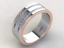 Custom Hand Crafted 14k White Gold Rose Gold Rail Two Tone Men S Dual Channel Set Diamo Mens Diamond Wedding Bands Diamond Wedding Bands Mens Diamond Wedding