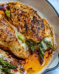 Bake 45 minutes in the preheated oven, or until the chicken is no longer pink and juices run clear. Easy Asparagus Stuffed Chicken Breast Recipe Healthy Fitness Meals