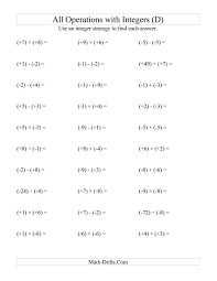 All Operations With Integers Range 9 To 9 With All Integers In Parentheses D Integers Worksheet Adding Integers Subtracting Integers Integers