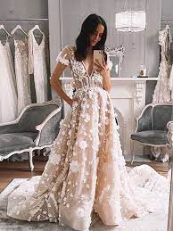 Romantic A Line V Neck Open Back Short Sleeved Champagne Tulle 3d Flowers Appliques Wedding Dresses Short Sleeve Wedding Dress Wedding Dresses With Flowers Applique Wedding Dress