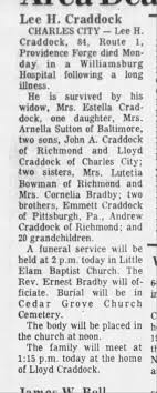 Lee Harrison Craddock, Obituary, Daily Press (Newport News, VA), 25 Jul  1973, Wed.