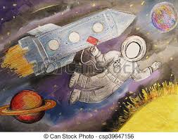 Planeta, rysunek, dzieci, rakieta, przestrzeń. Lot, rakieta, przestrzeń,  wszechświat, astronauci, planety. | CanStock