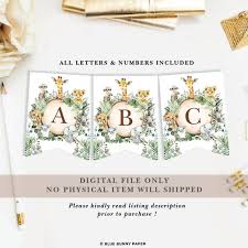 jungle baby shower printable banner safari animals wild one birthday party decorations rustic greenery bunting all letters numbers jun13 by blue bunny printables catch my party