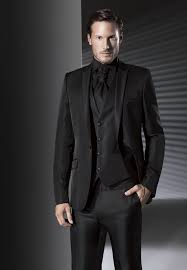 Wedding Black 3 Piece Suit With Black Shirt Pin On Mens Suits