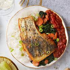 Barramundi Caribbean Tomato Sauce With Coconut Rice Spinach Recipe Barramundi Fish Recipe Whole Fish Recipes Recipes