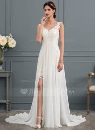 Das brautkleid oder hochzeitskleid wird von der braut zur hochzeitszeremonie getragen. Us 176 00 A Line V Neck Court Train Chiffon Wedding Dress With Split Front Jj S House Kleid Hochzeit Brautkleider Online Brautkleid