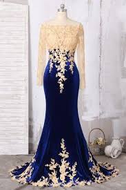 Gold Lace Sheer Sleeve Royal Blue Velvet Prom Dress Blue Velvet Prom Dress Gold Long Sleeve Dress Velvet Prom Dress