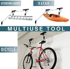 This lift can handle a 50 pound bicycle and reaches ceilings up to 12 feet. Amazon Com Bike Hoist Bicycle Lift For Garage Ceiling Storage Heavy Duty Mountain Bicycle Hanging Rack With 3 Pulley And 45 Ft Adjustable Rope 100 Lb Capacity Home Improvement