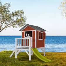 Das wasser kommt nicht seitlich aus der bahn, sondern von oben mittig. Garten Spielhaus Stelzenhaus Lodge Xl Skandinavisch Rot Holz Weiss Gra