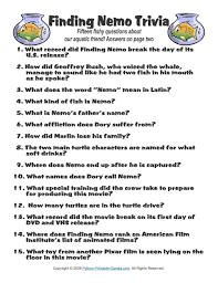 I created this quiz for my students but i'm sure anyone can have fun in doing it ! Pop Culture Games Finding Nemo Trivia